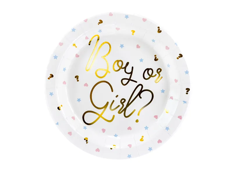 Boy or Girl gold piatti-piatti di carta - gender reveal - design unico - scritta metallica dorata - decorazioni per feste - tema gender reveal - tavola - menu - compleanno - ospiti - antipasti - torta a sorpresa - colori vivaci - confezione da 6 - festa - party - inviti - decorazioni tavola - evento speciale.-pianetacarta-lestelle-TPP44