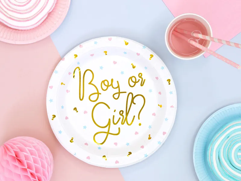 Boy or Girl gold piatti-piatti di carta - gender reveal - design unico - scritta metallica dorata - decorazioni per feste - tema gender reveal - tavola - menu - compleanno - ospiti - antipasti - torta a sorpresa - colori vivaci - confezione da 6 - festa - party - inviti - decorazioni tavola - evento speciale.-pianetacarta-lestelle-TPP44