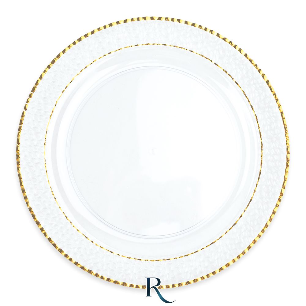 Piatti riutilizzabili trasparenti con bordo oro lavorato Shimmer Ø 26 cm, confezione da 6 – Pianeta Carta