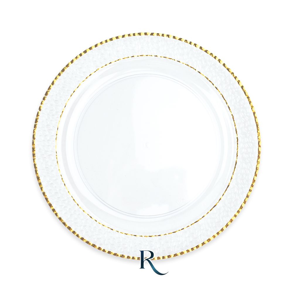 Piatti riutilizzabili trasparenti con bordo oro lavorato Shimmer Ø 19 cm, confezione da 6 – Pianeta Carta