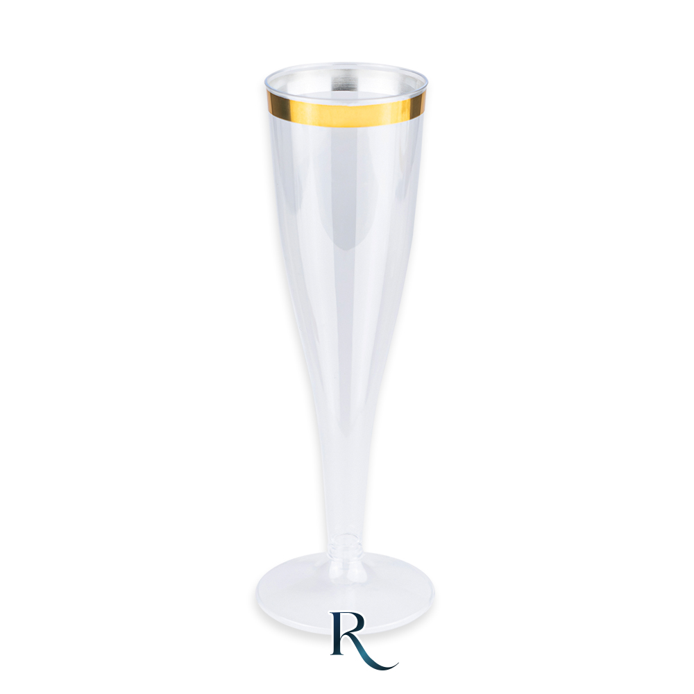 Flûte riutilizzabili trasparenti con bordo oro Crystal Gold da 140 cc, confezione da 6 – Pianeta Carta